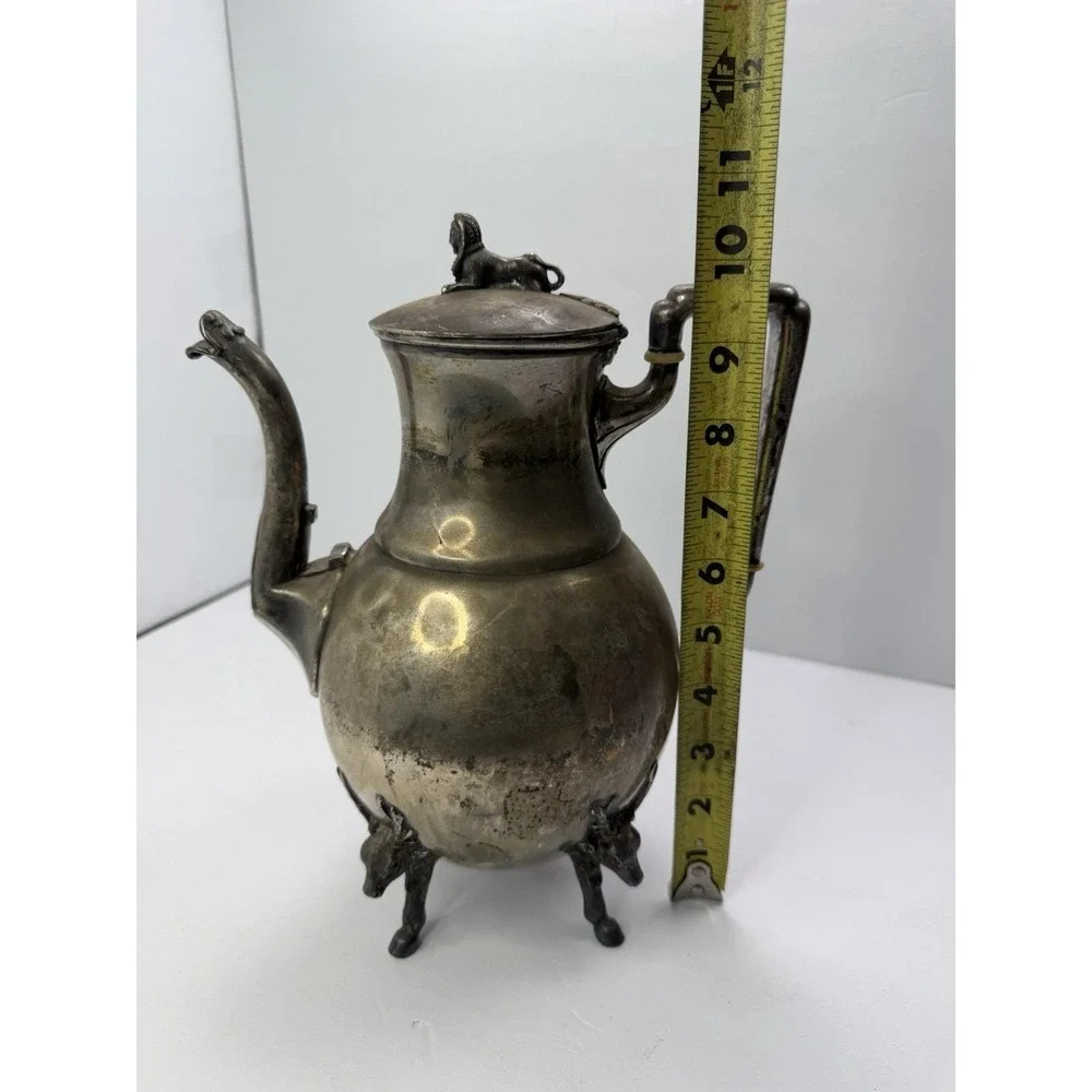 Antique Simpson‎ Hall Miller Sphinx Deer Heads Silver Plate Teapot 1880 Engraved